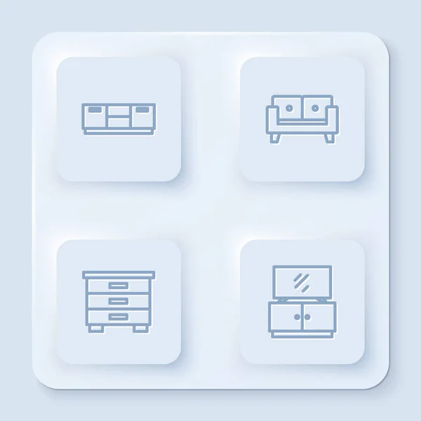 Set Line Möbel Nachttisch, Sofa und TV-Tisch. Weiße quadratische Taste. Vektor — Stockvektor