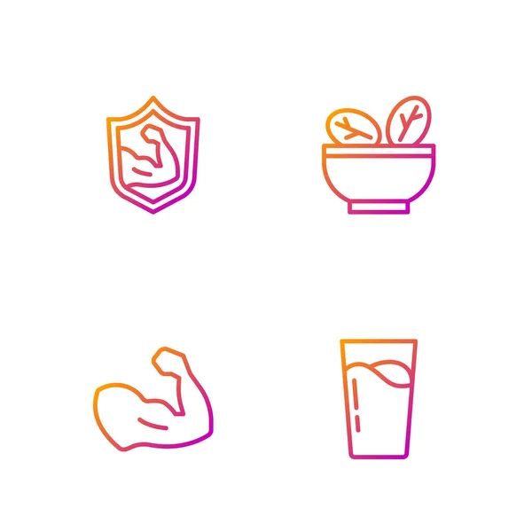 Set line Glas mit Wasser, Bodybuilder Muskeln und Salat in Schüssel. Farbverlauf-Symbole. Vektor — Stockvektor