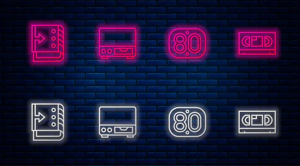 Réglage Ancien lecteur de cassettes vidéo, rétro des années 80, contrôleur de mélangeur sonore et bande VHS. Icône lumineuse au néon sur le mur de briques. Vecteur — Image vectorielle