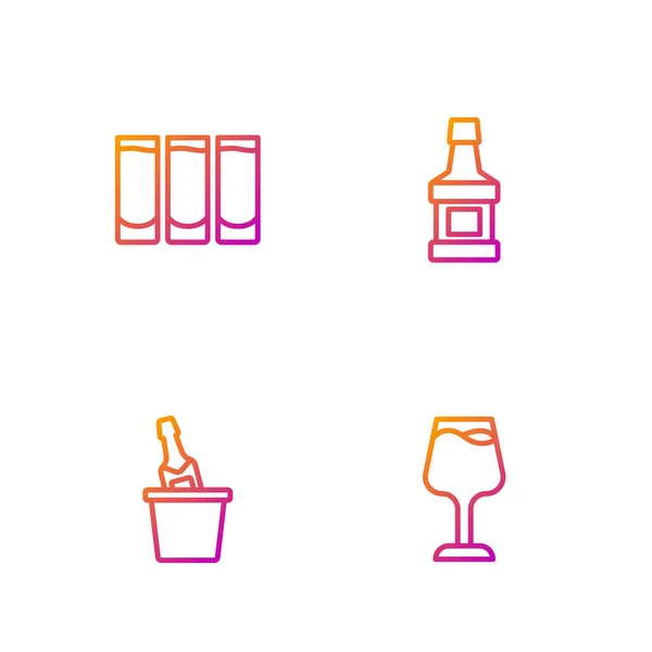 Borospohár, pezsgő egy jeges vödör, feles és whisky üveg. Gradient színes ikonok. Vektor — Stock Vector