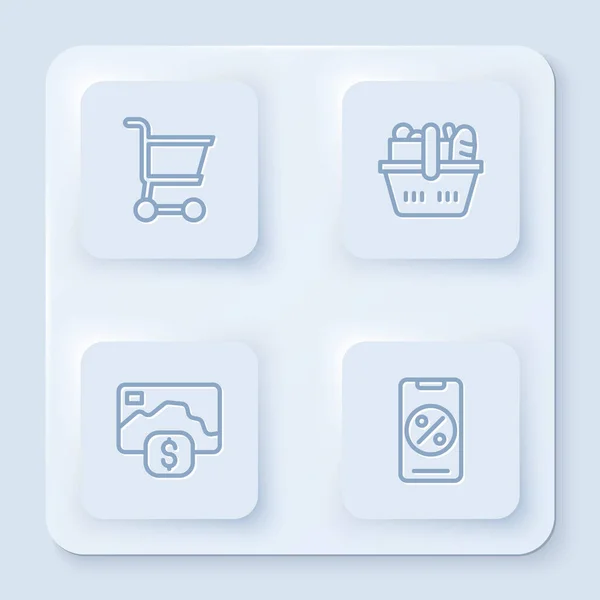 Definir linha Carrinho de compras, cesta e comida, cartão de crédito e por cento de desconto móvel. Botão quadrado branco. Vetor —  Vetores de Stock