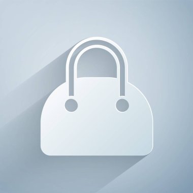 Kağıt kesiği el çantası simgesi gri arkaplanda izole edildi. Kadın el çantası işareti. Glamour günlük bagaj sembolü. Kağıt sanatı tarzı. Vektör.