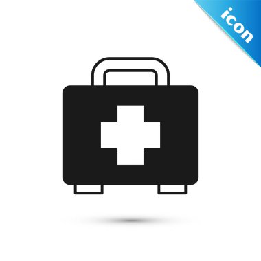 Gri ilk yardım çantası simgesi beyaz arkaplanda izole edildi. Haçlı sağlık kutusu. Acil durumlar için tıbbi ekipman. Sağlık sigortası konsepti. Vektör.