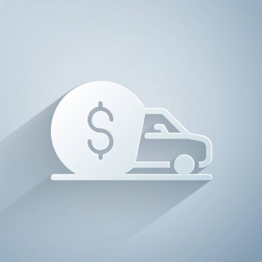 Kağıt kesiği araba kiralama ikonu gri arka planda izole edilmiş. Araba tabelası kirala. Anahtarlı araba. Otomobil tamir servisi konsepti. Kağıt sanatı tarzı. Vektör