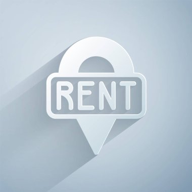Paper cut Location key icon isolated on grey background. The concept of the house turnkey. Paper art style. Vector