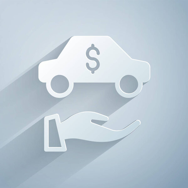 Paper cut Car rental icon isolated on grey background. Rent a car sign. Key with car. Concept for automobile repair service. Paper art style. Vector