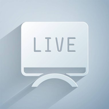 Kağıt kesiği Gri arkaplanda canlı haber simgesi izole edildi. Canlı haberler, sıcak haberler. Kağıt sanatı tarzı. Vektör