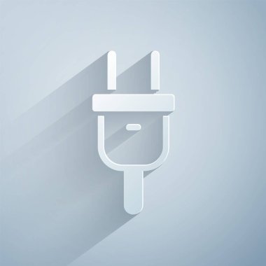 Kağıt kesiği Elektrik prizi simgesi gri arkaplanda izole edildi. Bağlantı kavramı ve elektriğin kesilmesi. Kağıt sanatı tarzı. Vektör