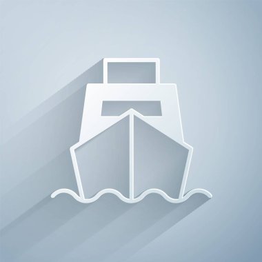 Kağıt kesikli kargo gemisi. Gri arkaplanda kutucuk servis simgesi var. Teslimat, ulaşım. Paketleri, kutuları, malları olan bir şilep. Kağıt sanatı tarzı. Vektör