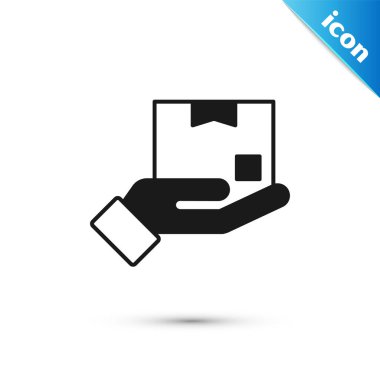 Beyaz arka planda izole edilmiş karton kutu ikonu olan gri teslimat eli. Kuryeyle kapı kapı dolaşacağız. Vektör