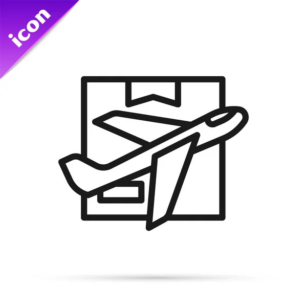 Black Line Plane Cardboard Box Icon Isolated White Background Delivery — Stock vektor