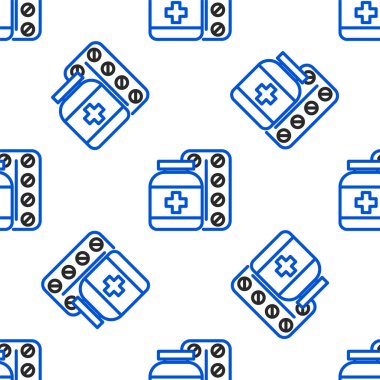 Hat ilacı şişesi ve hap ikonu beyaz arka planda izole edilmiş kusursuz desen. Şişe hapı işareti. Eczane tasarımı. Renkli taslak konsepti. Vektör.