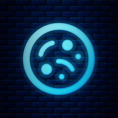 Parlayan neon bakteri simgesi tuğla duvar arka planında izole edilmiş. Bakteriler ve mikroorganizmalar, sebep olan mikroorganizma hastalıkları, hücre kanseri, mikrop, virüs, mantar. Vektör.