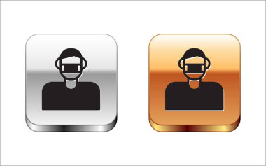 Siyah adam yüzü, beyaz arka planda izole edilmiş tıbbi koruyucu maske ikonu. Karantinaya alın. Gümüş-altın kare düğme. Vektör.