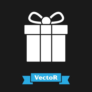 Beyaz hediye kutusu simgesi siyah arkaplanda izole edildi. Vektör.