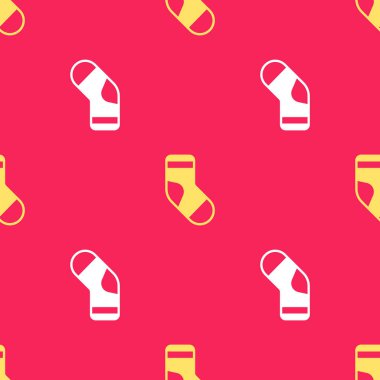 Sarı Noel çorap ikonu kırmızı arka planda izole edilmiş pürüzsüz desen. Mutlu Noeller ve mutlu yıllar. Vektör.