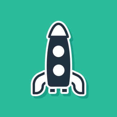 Mavi Roket gemisi simgesi yeşil arkaplanda izole edildi. Uzay yolculuğu. Vektör.