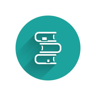 Beyaz Kitap simgesi uzun gölgelerle izole edilmiş. Yeşil daire düğmesi. Vektör.