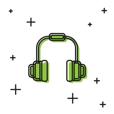 Siyah kulaklık simgesi beyaz arkaplanda izole edilmiş. Kulaklıklar. Müzik, hizmet, iletişim ve operatör konsepti. Vektör.