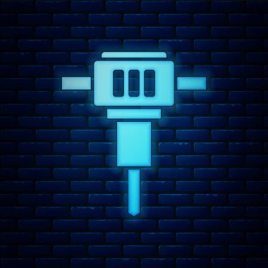 Parlayan neon inşaat kaya matkabı ikonu tuğla duvar arkasında izole edilmiş. Vektör.