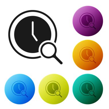 Beyaz zemin üzerinde saat simgesi olan siyah büyüteç. Saat araması. Simgeleri renk daire düğmelerine ayarla. Vektör.