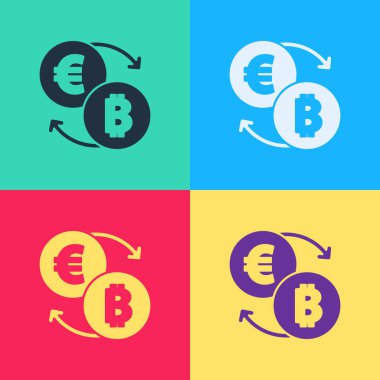 Pop Art Crypto döviz simgesi renk arkaplanında izole edildi. Bitcoin 'den Euro takas simgesine. Kripto para teknolojisi, mobil bankacılık. Vektör.