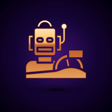 Siyah arka planda izole edilmiş bir araba ikonu kullanan Altın Robot insansı. Yapay zeka, makine öğrenme, bulut hesaplama. Vektör.