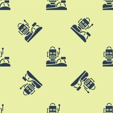 Mavi Robot insansı bir araba ikonu kullanıyor sarı arka planda izole edilmiş pürüzsüz desen. Yapay zeka, makine öğrenme, bulut hesaplama. Vektör.