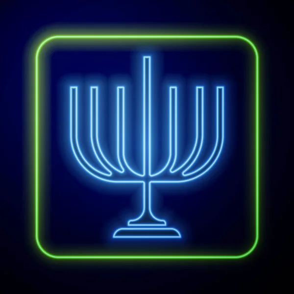 Glödande Neon Hanukkah Menorah Ikon Isolerad Blå Bakgrund Hanukkah Traditionell — Stock vektor