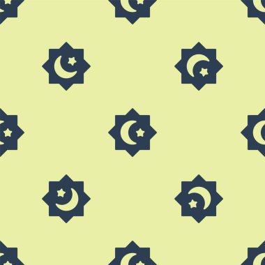 Mavi İslami sekizgen yıldız süsleme ikonu sarı arka planda izole edilmiş pürüzsüz desen. Vektör