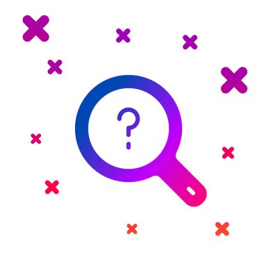 Beyaz arkaplanda bilinmeyen renk simgesi izole edildi. Büyüteç ve soru işareti. Kademeli rastgele dinamik şekiller. Vektör