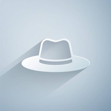 Gri arkaplanda şerit simgesi olan kağıt kesiği adam şapkası. Kağıt sanatı tarzı. Vektör