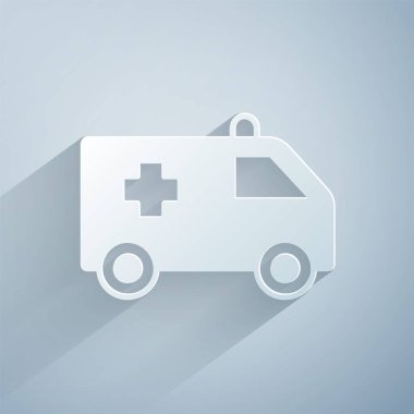 Kağıt kesiği ambulans ve acil durum arabası simgesi gri arka planda izole edildi. Ambulans aracı tıbbi tahliye. Kağıt sanatı tarzı. Vektör