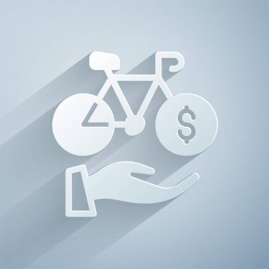 Kağıt kesimi Bisiklet Kiralama Mobil uygulama simgesi gri arkaplanda izole edildi. Şehirde bisiklet kiralamak için iyi bir servis. Paylaşım sistemi için mobil uygulama. Kağıt sanatı tarzı. Vektör