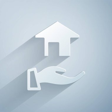 Kağıt kesiği emlakçı simgesi gri arkaplanda izole edildi. Ev almak. Kağıt sanatı tarzı. Vektör