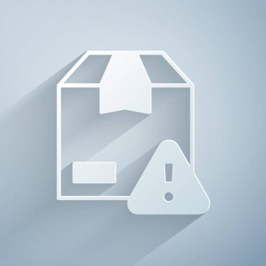 Kağıt kesiği. Gri arkaplanda kalkan simgesi olan teslimat güvenliği. Teslimat sigortası. Kalkanın ötesinde sigorta kutuları var. Kağıt sanatı tarzı. Vektör