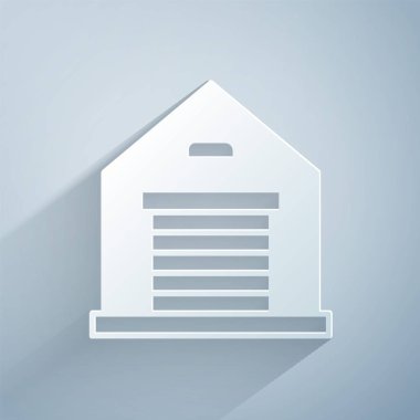 Kağıt kesiği, gri arkaplanda izole edilmiş Depo simgesi. Kağıt sanatı tarzı. Vektör