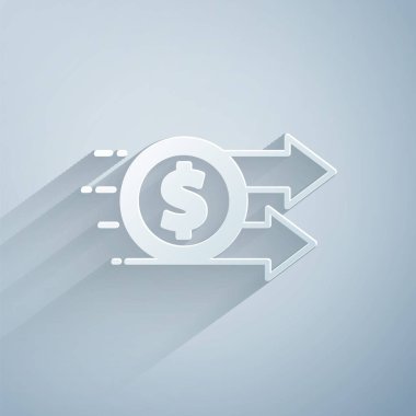 Kağıt kesiği Finansal büyüme dolar simgesi gri arka planda izole. Gelirleri arttırıyorum. Kağıt sanatı tarzı. Vektör