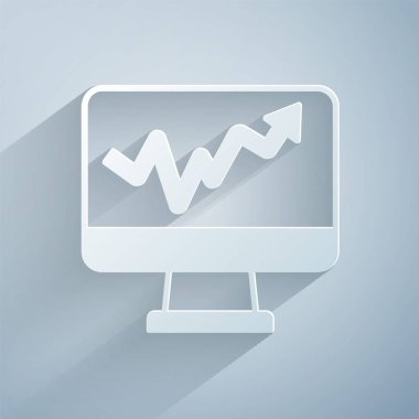 Gri arkaplanda grafik grafik simgesi olan kağıt kesiği bilgisayar monitörü. Metin dosya simgesini rapor et. Muhasebe tabelası. Denetim, analiz, planlama. Kağıt sanatı tarzı. Vektör