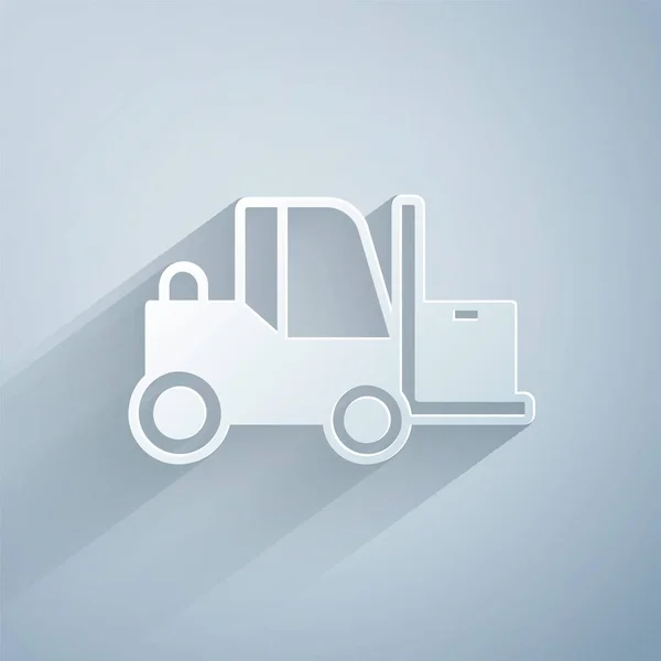 纸切叉车图标孤立在灰色背景 叉子装载机和纸板箱 货物交付 造纸艺术风格 — 图库矢量图片