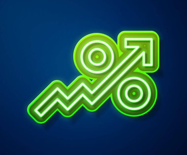 Parlayan neon hattı% yukarı ok simgesi mavi arkaplanda izole edildi. Yüzde işaretini arttırıyorum. Vektör.