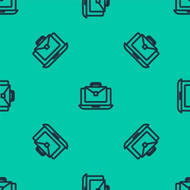 Mavi Hat Çevrimiçi çalışan simge yeşil arka planda izole edilmiş pürüzsüz desen. Evinde dizüstü bilgisayarla çalışan serbest çalışan bir adam. Uzaktan kumanda. Mesafeli iş kavramı. Vektör.