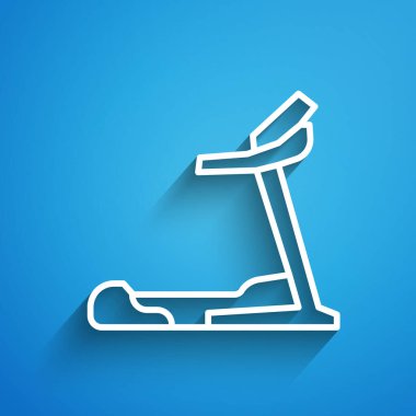 Beyaz çizgi Koşu bandı makine simgesi mavi arkaplanda izole edildi. Uzun gölge. Vektör.
