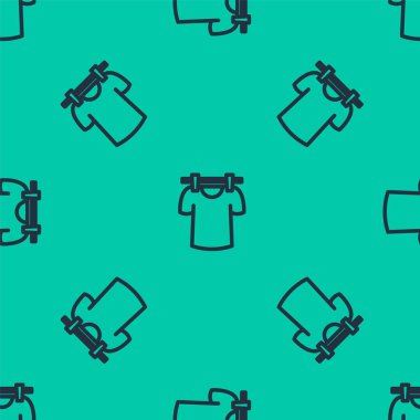 Mavi çizgi Kurutma ikonu yeşil arka planda izole edilmiş pürüzsüz desen. Temiz gömlek. Çamaşırları çamaşır mandallarıyla iple yıka. Kıyafet bakımı ve düzenlilik. Vektör