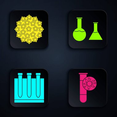 Test tüpünü virüs, virüs, kan testi ve virüsü test tüpü ve matarayla ayarla. Siyah kare düğme. Vektör.
