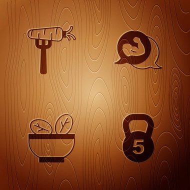 Ağırlık belirle, çatal üzerinde havuç, kasede salata ve tahta arka planda vücut geliştirici kas. Vektör