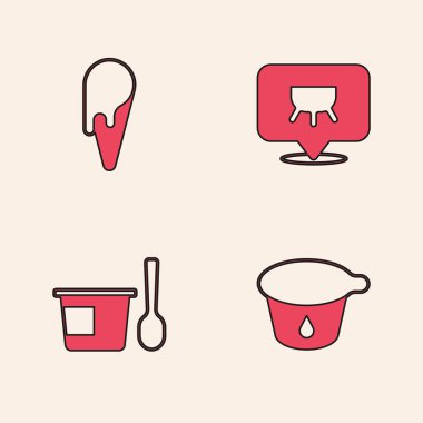 Yoğurt kabı, dondurma külahı, meme ve kaşık ikonu. Vektör