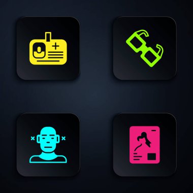 Röntgen, kimlik kartı, sağır ve gözlük ayarlayın. Siyah kare düğme. Vektör