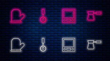 Pizza bıçağı, elektronik teraziler, fırın eldiveni ve Türk kahvesi. Tuğla duvarda parlayan neon simgesi. Vektör.