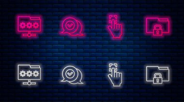 Konuşma balonunda satır denetimi, parmak izi, parola ve kilit içeren dizin işaretini ayarla. Tuğla duvarda parlayan neon simgesi. Vektör